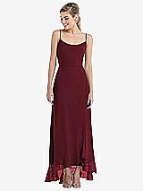 Front View Thumbnail - Cabernet Scoop Neck Ruffle-Trimmed High Low Maxi Dress