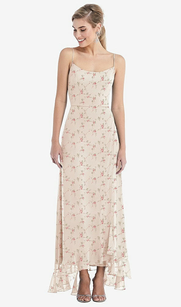 Front View - Coquette Floral Print Scoop Neck Ruffle-Trimmed High Low Maxi Dress