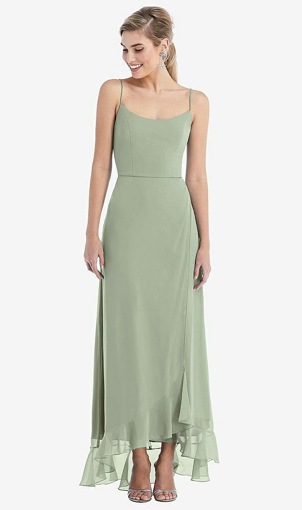Front View - Sage Scoop Neck Ruffle-Trimmed High Low Maxi Dress