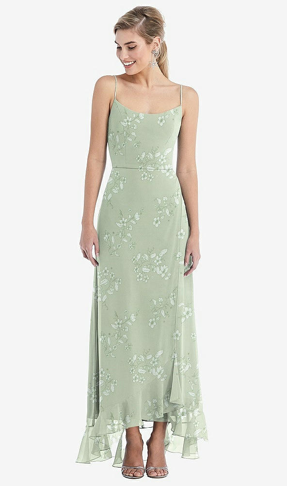 Front View - Vintage Primrose Sage Scoop Neck Ruffle-Trimmed High Low Maxi Dress