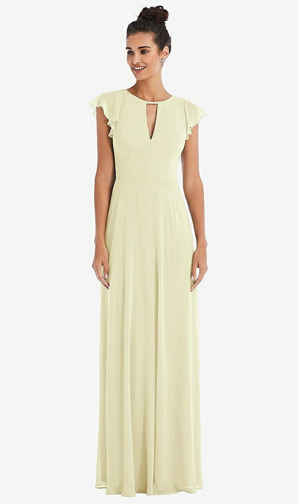 Front View - Butter Yellow Flutter Sleeve V-Keyhole Chiffon Maxi Dress