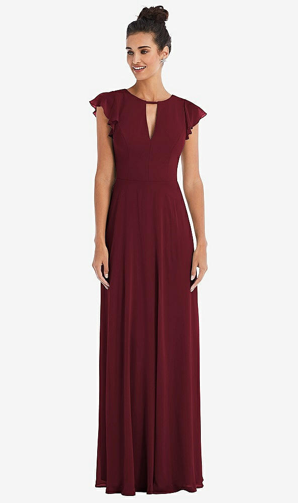 Front View - Cabernet Flutter Sleeve V-Keyhole Chiffon Maxi Dress