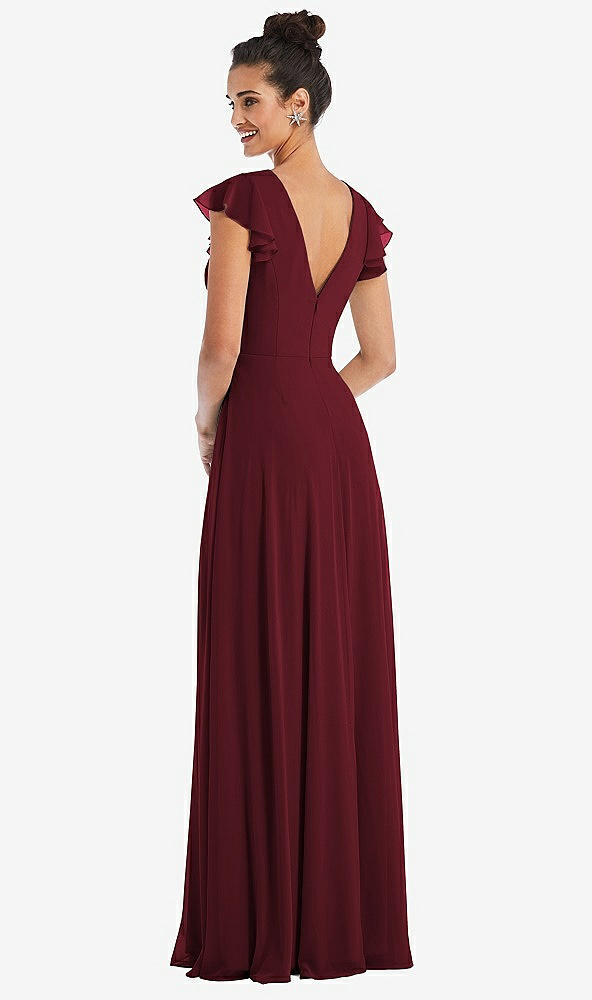 Back View - Cabernet Flutter Sleeve V-Keyhole Chiffon Maxi Dress