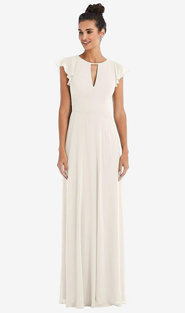 Front View - Ivory Flutter Sleeve V-Keyhole Chiffon Maxi Dress