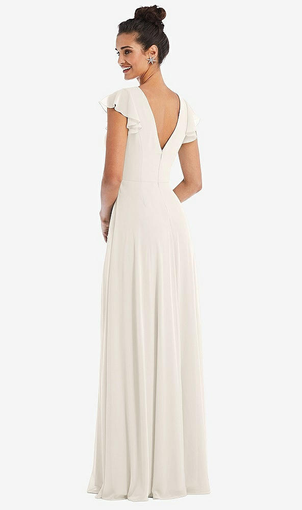 Back View - Ivory Flutter Sleeve V-Keyhole Chiffon Maxi Dress