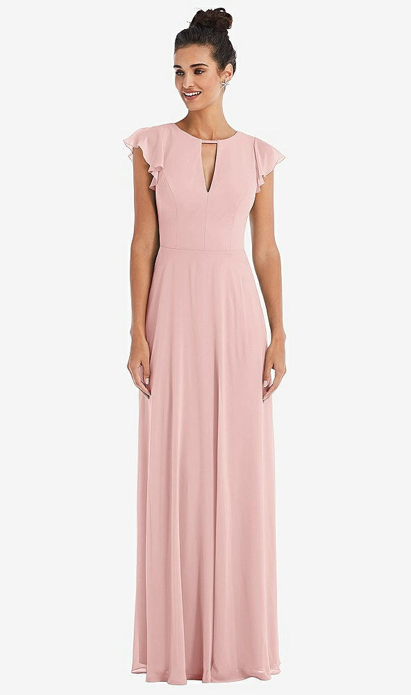 Front View - Rose Flutter Sleeve V-Keyhole Chiffon Maxi Dress