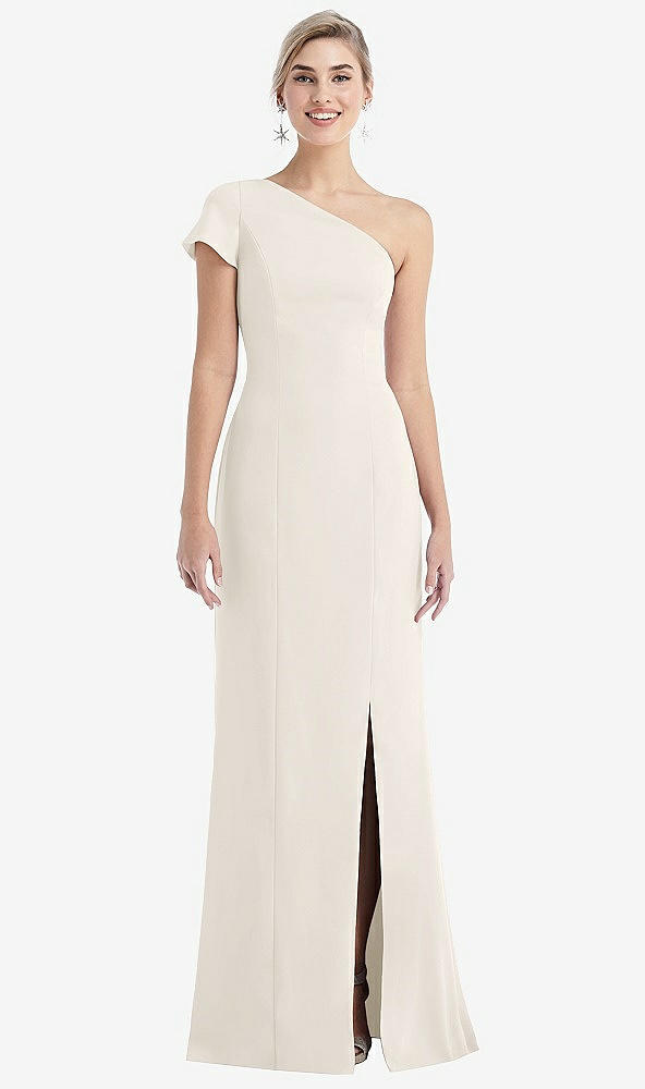 Front View - Ivory One-Shoulder Cap Sleeve Trumpet Gown with Front Slit