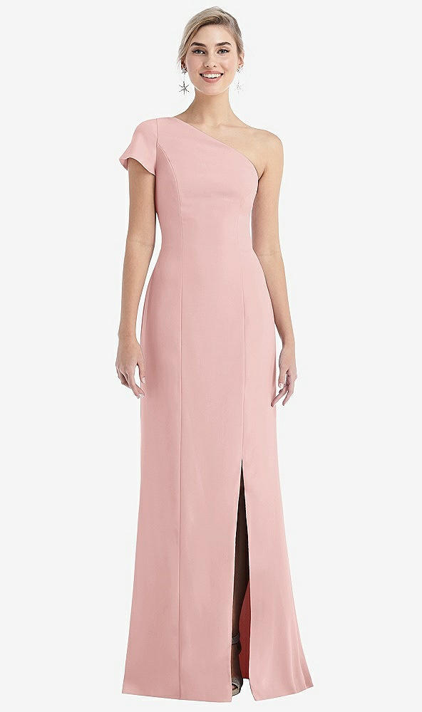 Front View - Rose One-Shoulder Cap Sleeve Trumpet Gown with Front Slit