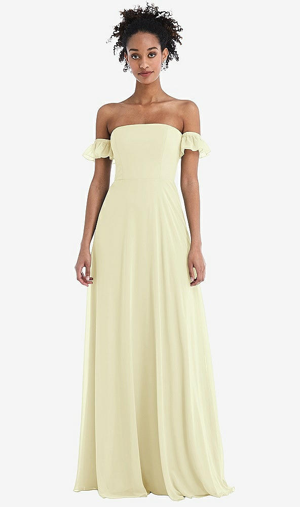 Front View - Butter Yellow Off-the-Shoulder Ruffle Cuff Sleeve Chiffon Maxi Dress