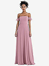 Front View Thumbnail - Dusty Pink Off-the-Shoulder Ruffle Cuff Sleeve Chiffon Maxi Dress