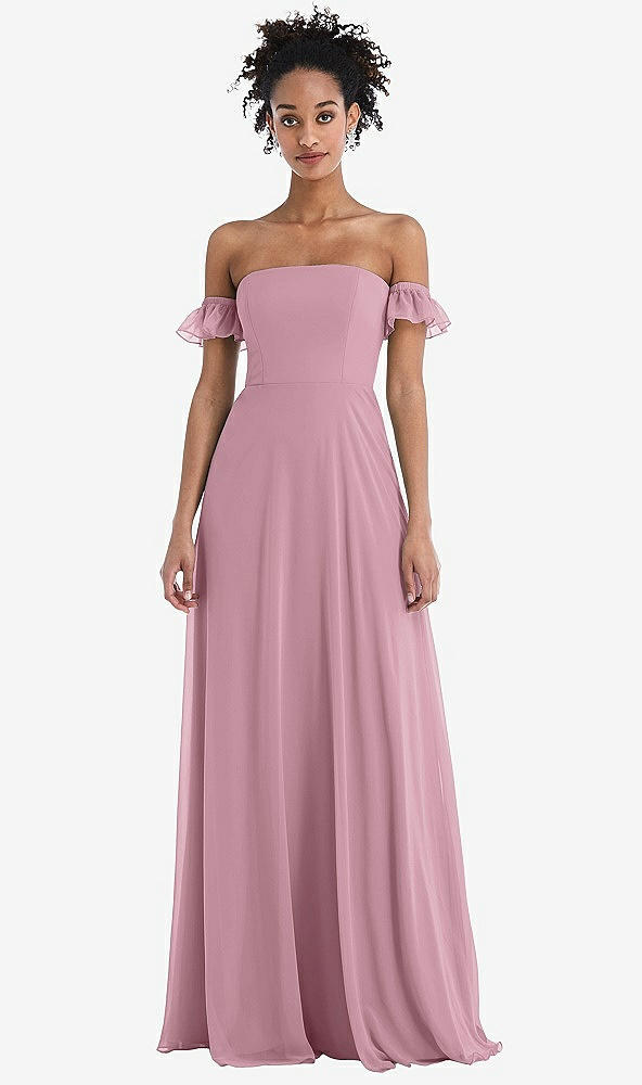 Front View - Dusty Pink Off-the-Shoulder Ruffle Cuff Sleeve Chiffon Maxi Dress