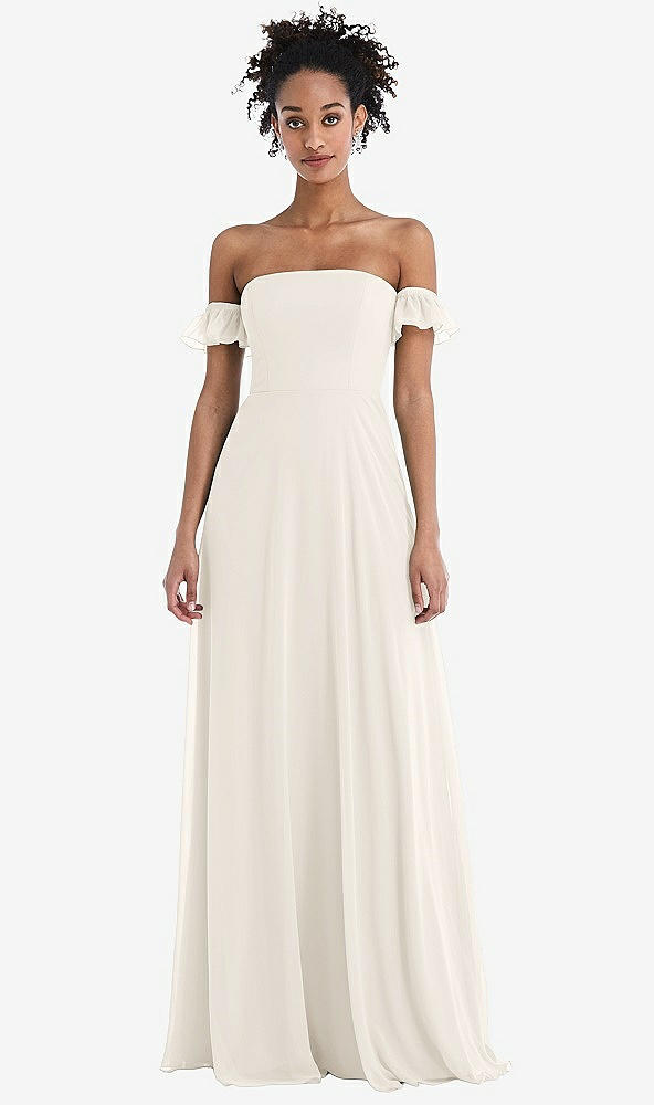 Front View - Ivory Off-the-Shoulder Ruffle Cuff Sleeve Chiffon Maxi Dress