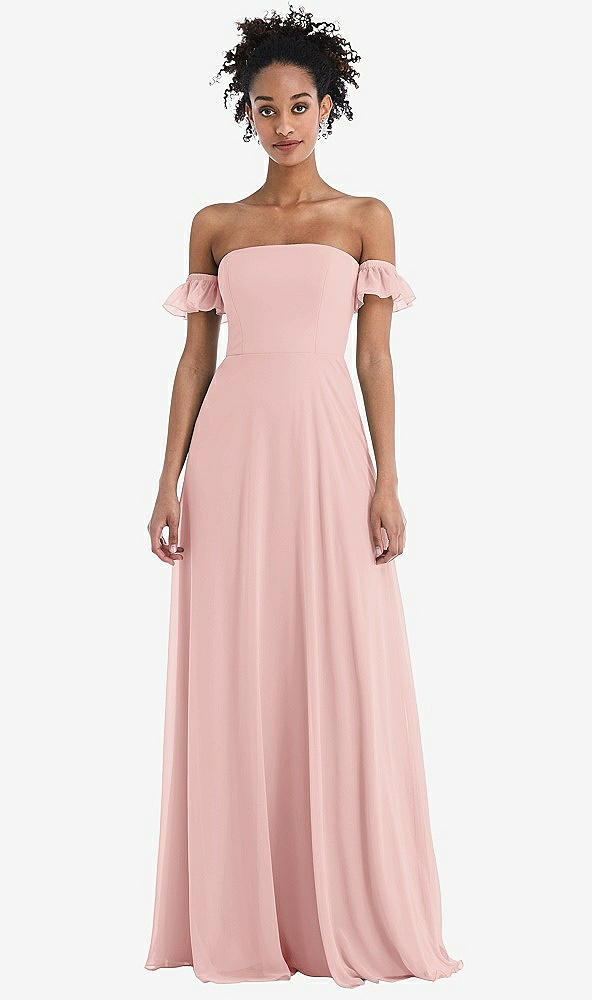 Front View - Rose Off-the-Shoulder Ruffle Cuff Sleeve Chiffon Maxi Dress