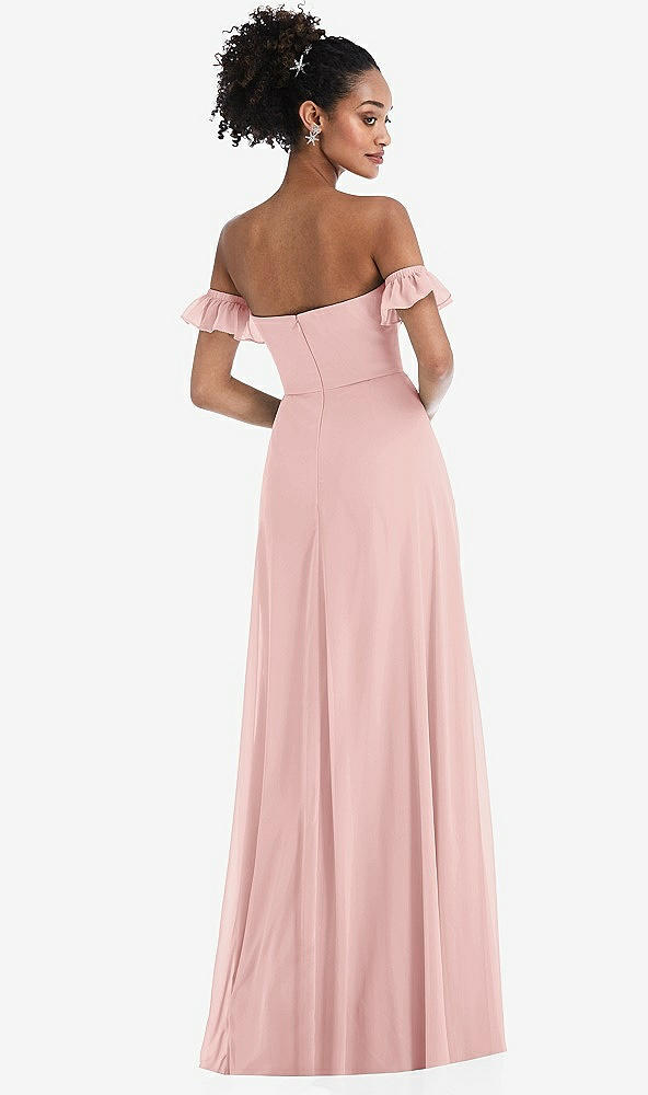 Back View - Rose Off-the-Shoulder Ruffle Cuff Sleeve Chiffon Maxi Dress
