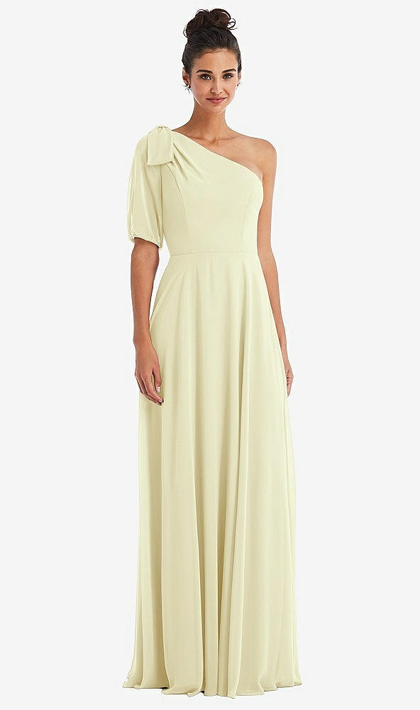 Front View - Butter Yellow Bow One-Shoulder Flounce Sleeve Maxi Dress