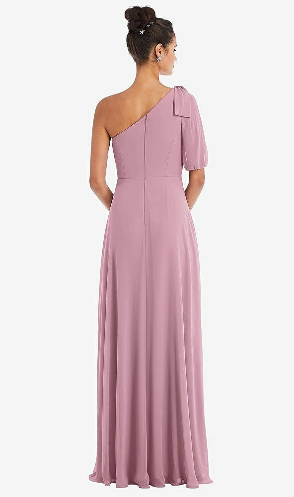 Back View - Dusty Pink Bow One-Shoulder Flounce Sleeve Maxi Dress