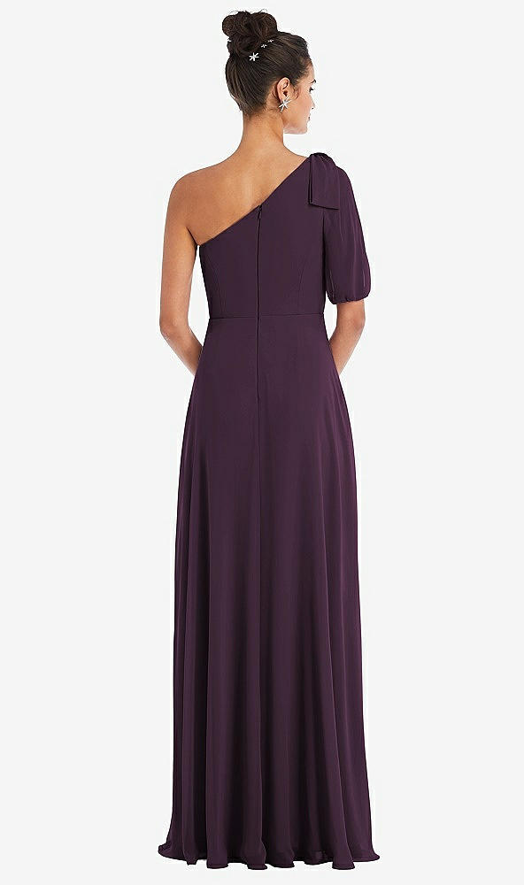 Back View - Aubergine Bow One-Shoulder Flounce Sleeve Maxi Dress
