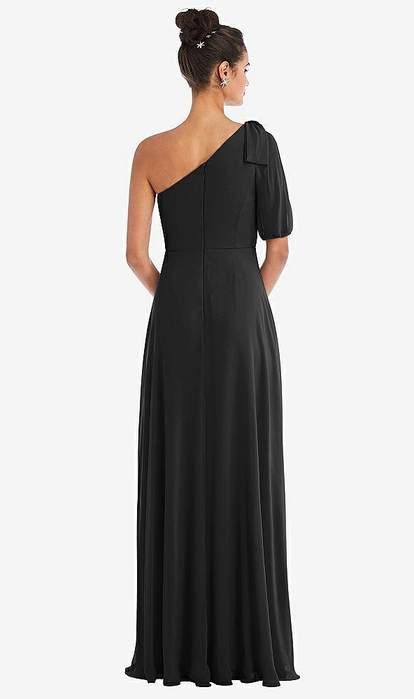 Back View - Black Bow One-Shoulder Flounce Sleeve Maxi Dress
