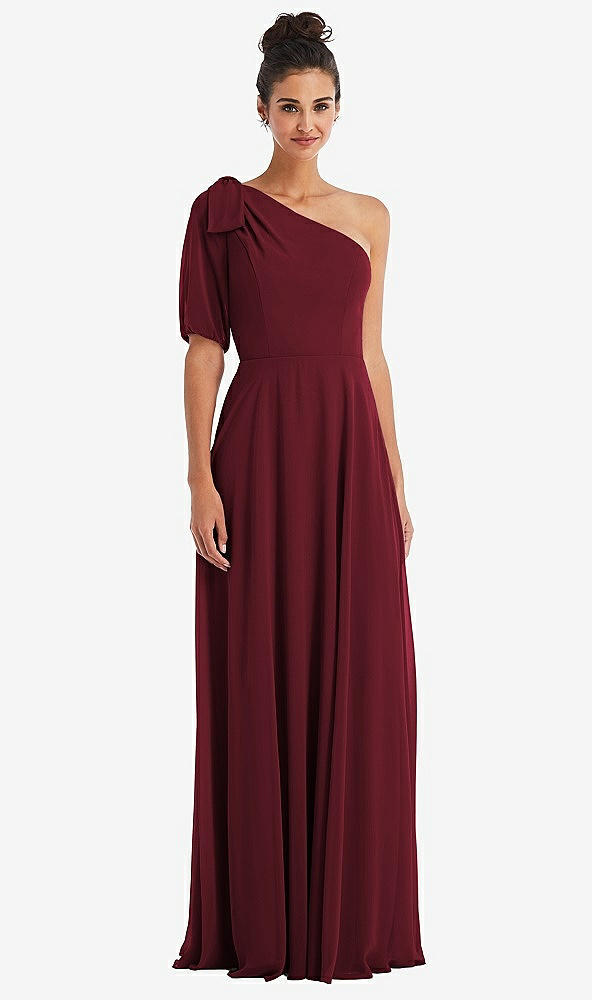 Front View - Cabernet Bow One-Shoulder Flounce Sleeve Maxi Dress