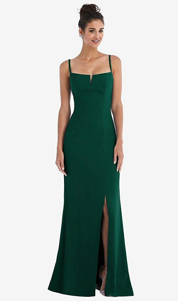 Front View - Hunter Green Notch Crepe Trumpet Gown with Front Slit