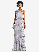 Front View Thumbnail - Butterfly Botanica Silver Dove One-Shoulder Bow Blouson Bodice Maxi Dress