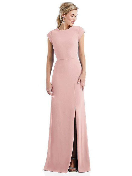 Cap Sleeve Open-Back Trumpet Gown with Front Slit