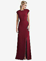 Front View Thumbnail - Burgundy Cap Sleeve Open-Back Trumpet Gown with Front Slit
