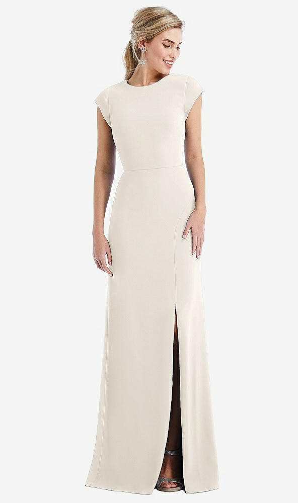 Front View - Ivory Cap Sleeve Open-Back Trumpet Gown with Front Slit