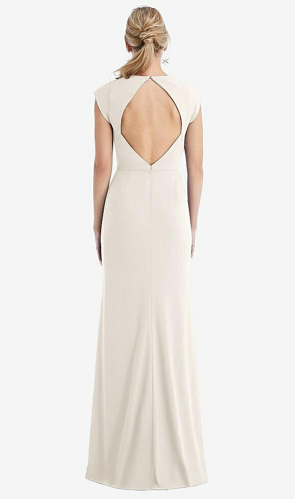 Back View - Ivory Cap Sleeve Open-Back Trumpet Gown with Front Slit