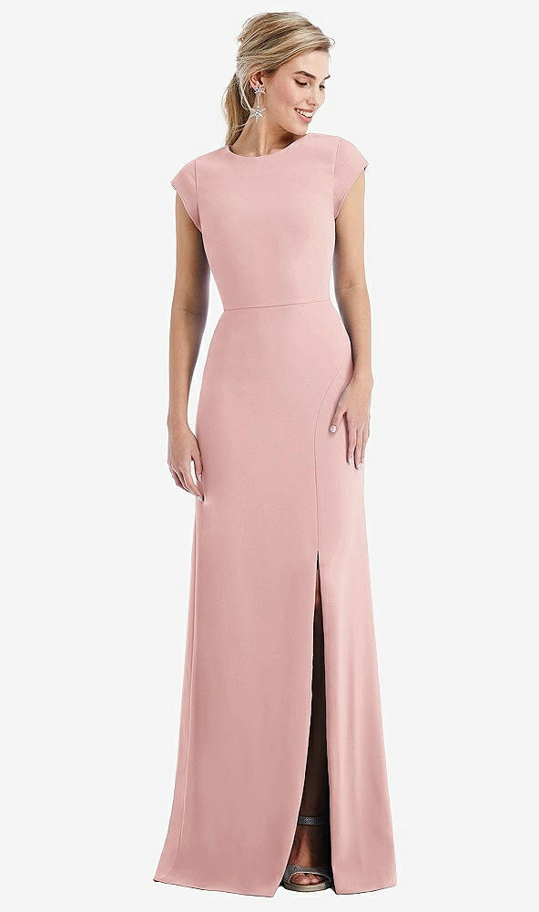 Front View - Rose Cap Sleeve Open-Back Trumpet Gown with Front Slit