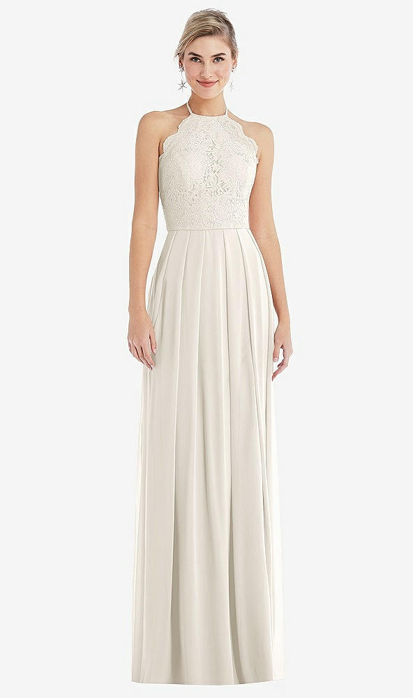 Front View - Ivory Tie-Neck Lace Halter Pleated Skirt Maxi Dress