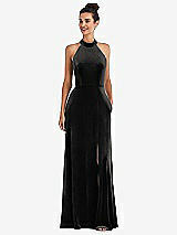 Front View Thumbnail - Black High-Neck Halter Velvet Maxi Dress with Front Slit