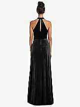 Rear View Thumbnail - Black High-Neck Halter Velvet Maxi Dress with Front Slit
