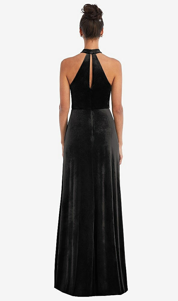 Back View - Black High-Neck Halter Velvet Maxi Dress with Front Slit