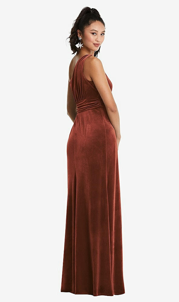 Back View - Auburn Moon One-Shoulder Draped Velvet Maxi Dress