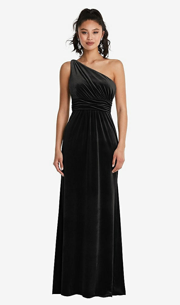 Front View - Black One-Shoulder Draped Velvet Maxi Dress
