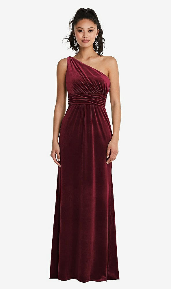 Front View - Cabernet One-Shoulder Draped Velvet Maxi Dress