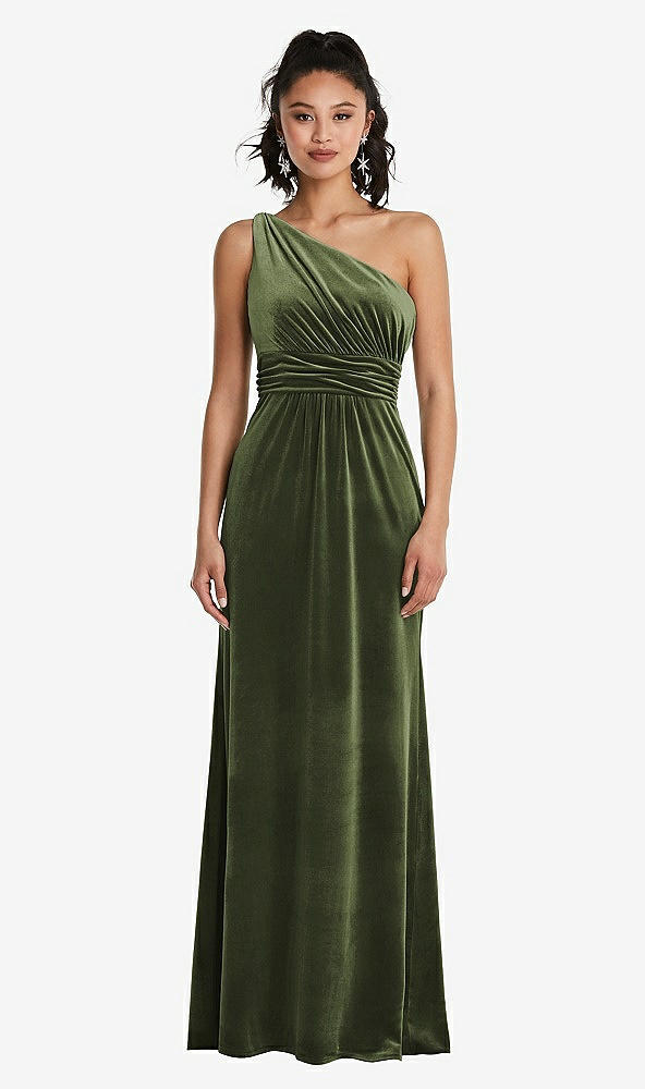 Front View - Olive Green One-Shoulder Draped Velvet Maxi Dress