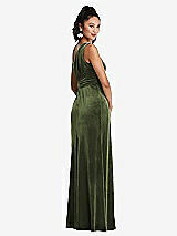Rear View Thumbnail - Olive Green One-Shoulder Draped Velvet Maxi Dress