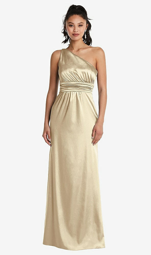 Front View - Banana One-Shoulder Draped Satin Maxi Dress