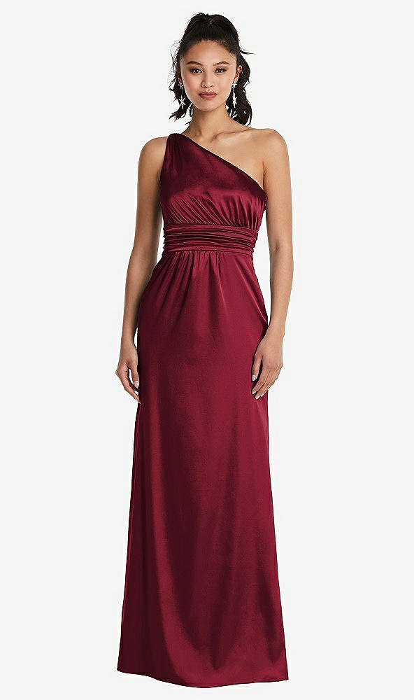 Front View - Burgundy One-Shoulder Draped Satin Maxi Dress