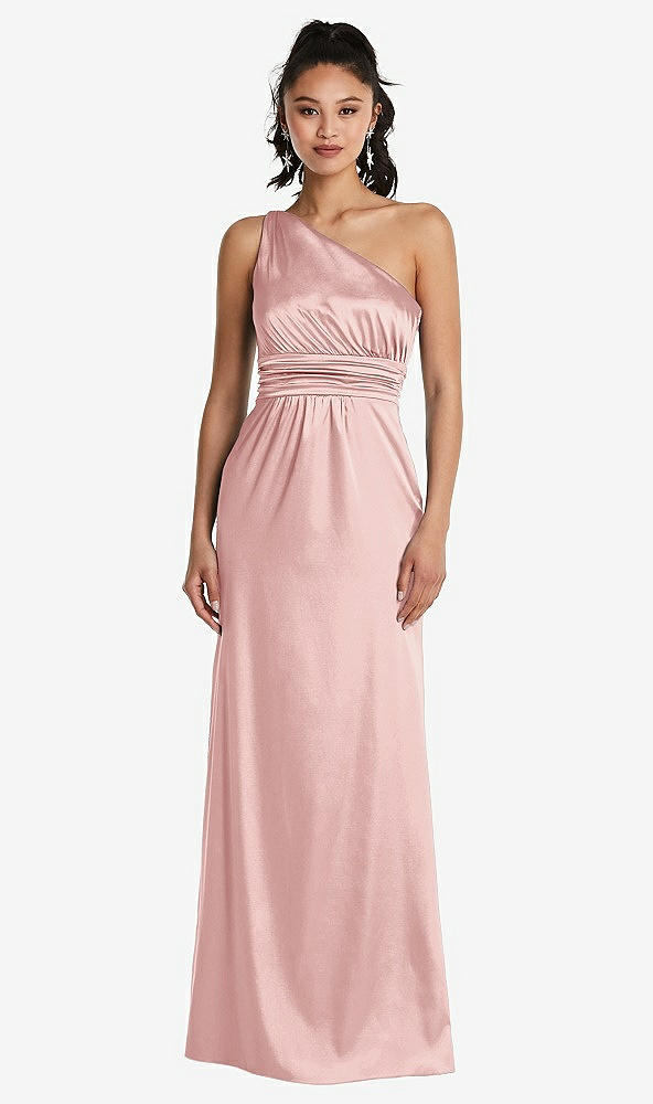 Front View - Rose One-Shoulder Draped Satin Maxi Dress