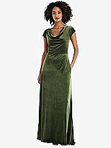 Front View Thumbnail - Olive Green Cowl-Neck Cap Sleeve Velvet Maxi Dress with Pockets