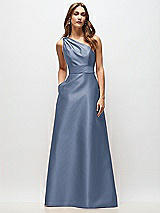 Front View Thumbnail - Larkspur Blue Draped One-Shoulder Satin Maxi Dress with Pockets