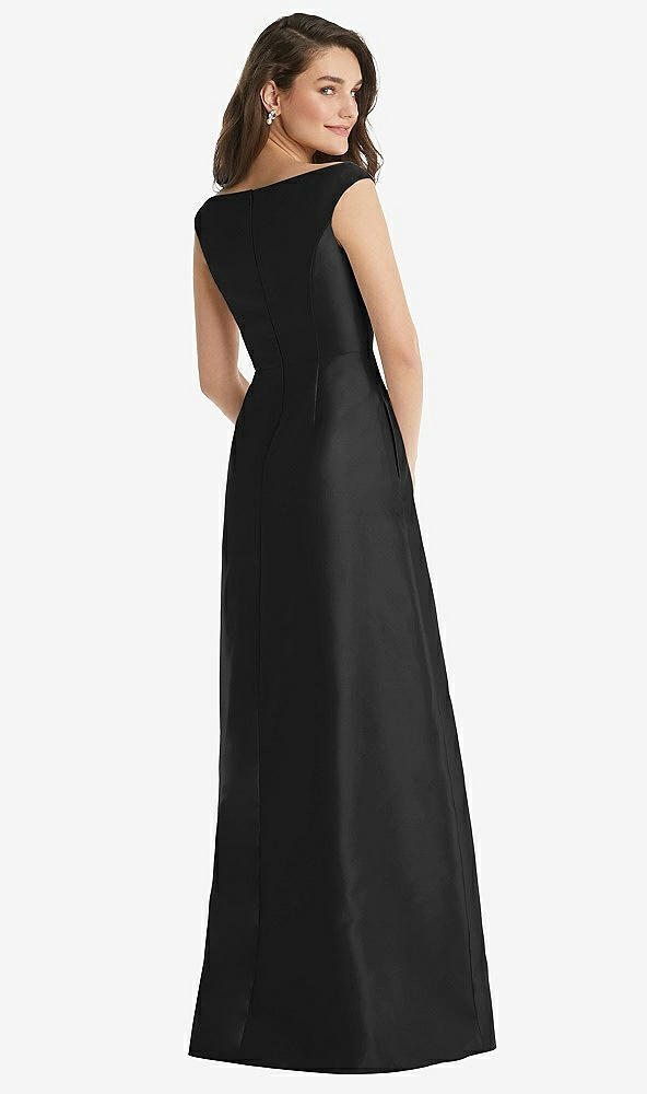 Back View - Black Off-the-Shoulder Draped Wrap Maxi Dress with Pockets