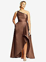 Front View Thumbnail - Cognac One-Shoulder Satin Gown with Draped Front Slit and Pockets