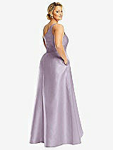 Rear View Thumbnail - Lilac Haze One-Shoulder Satin Gown with Draped Front Slit and Pockets