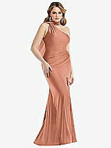 Side View Thumbnail - Copper Penny Scarf Neck One-Shoulder Stretch Satin Mermaid Dress with Slight Train