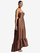 Side View Thumbnail - Cognac Strapless Deep Ruffle Hem Satin High Low Dress with Pockets