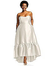 Alt View 1 Thumbnail - Ivory Strapless Deep Ruffle Hem Satin High Low Dress with Pockets